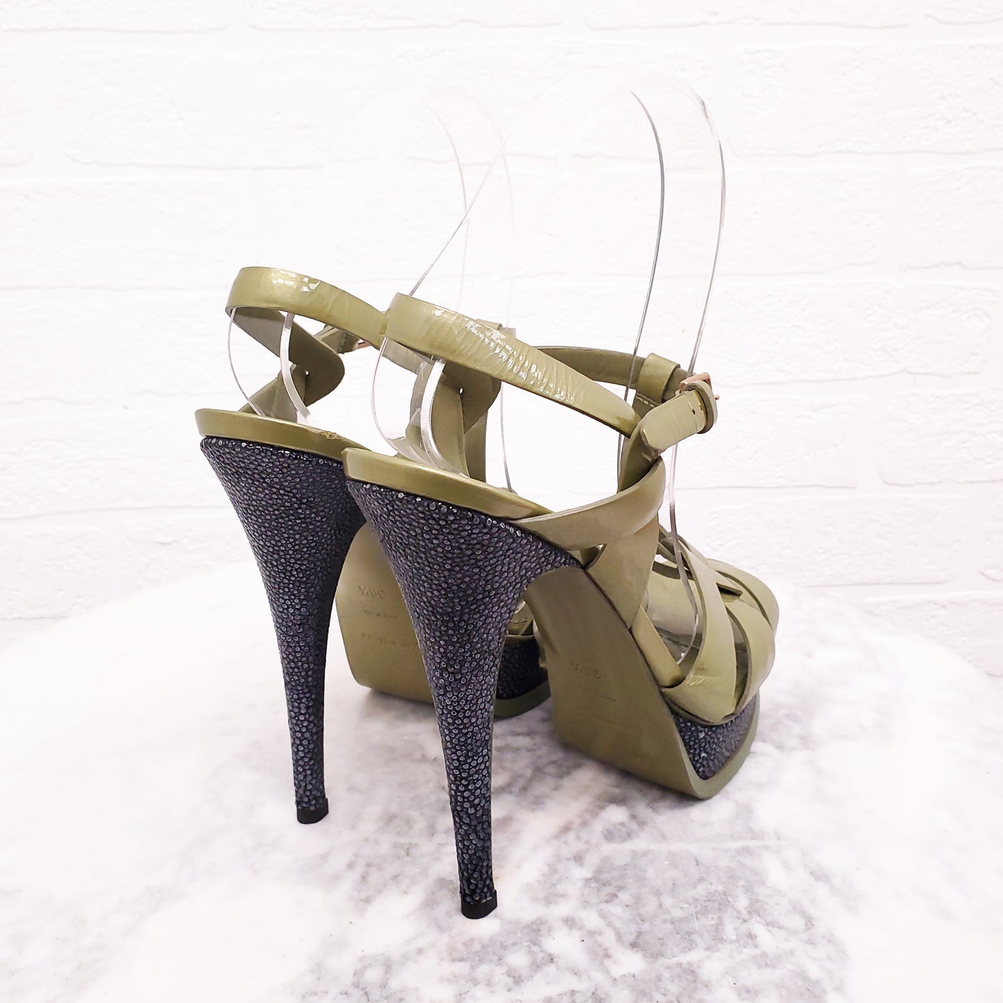 SAINT LAURENT GREEN PATENT TRIBUTE HEELS - SIZE 39.5