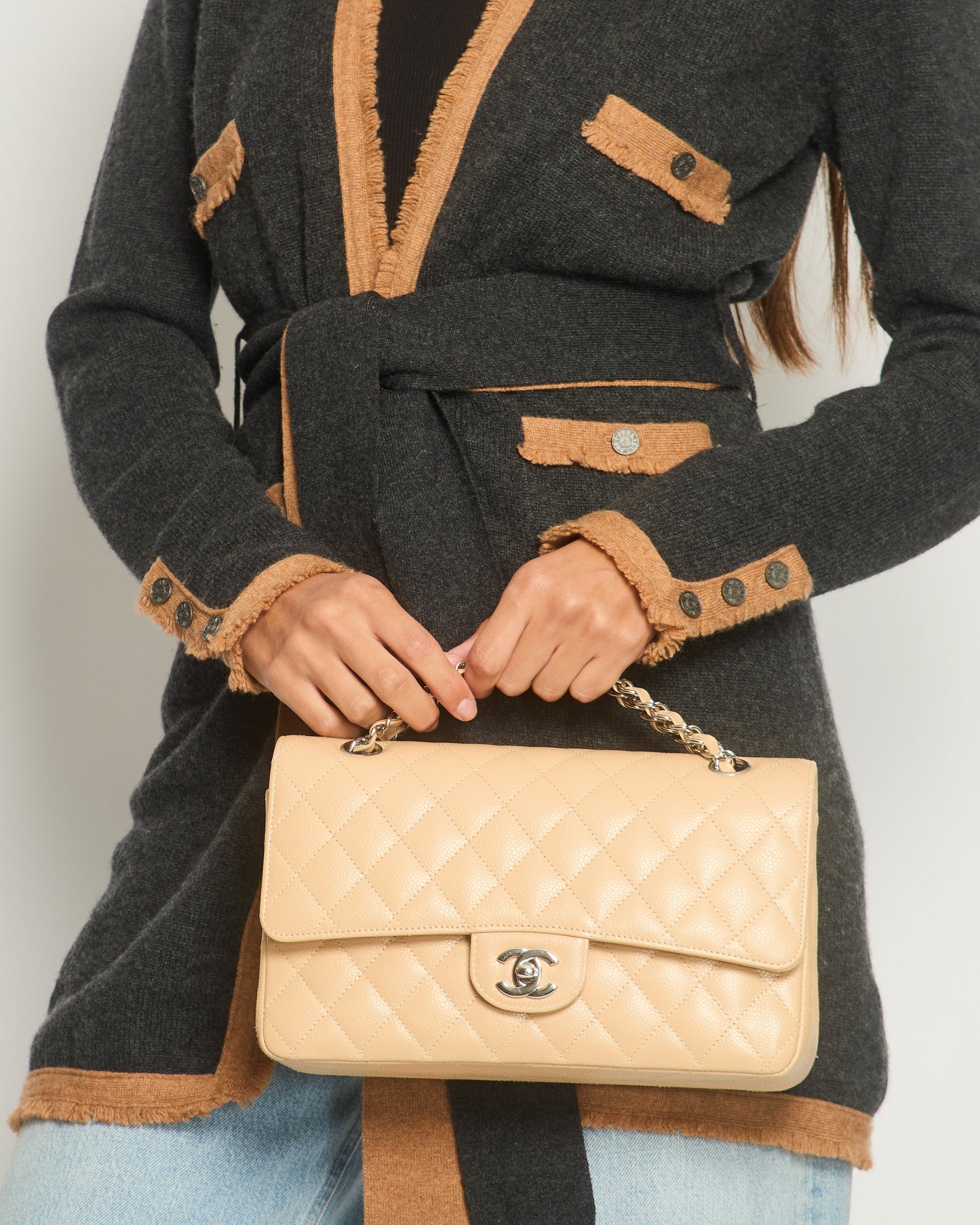 Chanel 06/A Charcoal Long Line igan with Tie Detail FR 38 (UK 10)