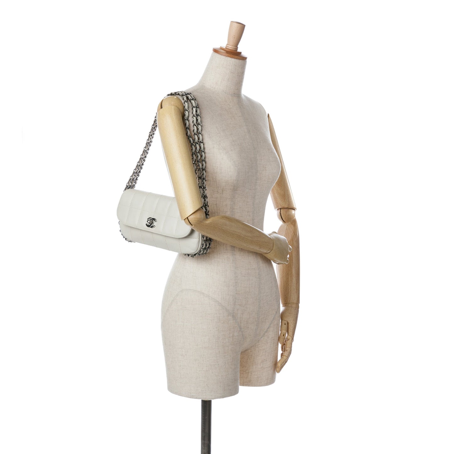 White Chanel Choco Bar Lambskin 3 Chain Single Flap Shoulder Bag
