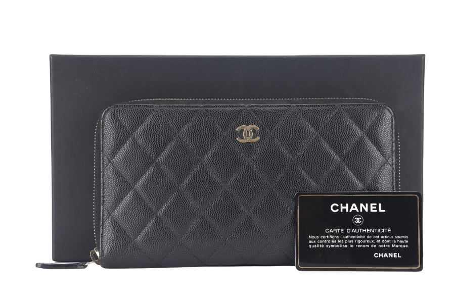 CHANEL ZIP AROUND WALLET (2450xxxx) BLACK CAVIAR LEATHER GOLD HARDWARE WITH AND BOX