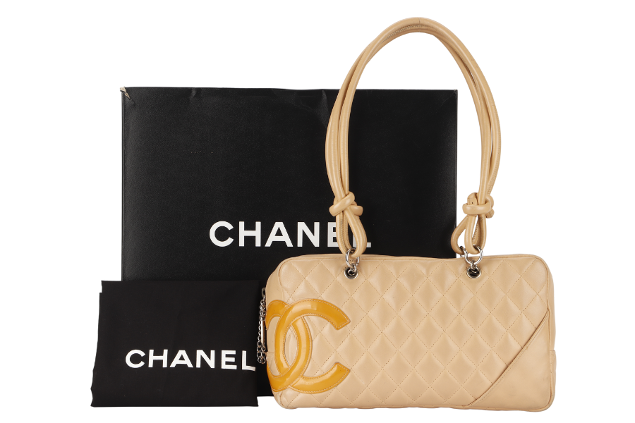 CHANEL VINTAGE CAMBON BOWLER BAG (1023xxxx) BEIGE LAMBSKIN WITH DUST COVER AND BOX