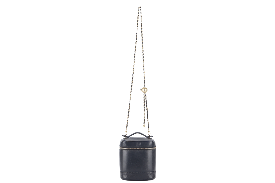 CHANEL VINTAGE VANITY CASE (411xxxx) BLACK LAMBSKIN LEATHER GOLD HARDWARE WITH THIRD PARTY CHAIN, COMPARTMENT AND