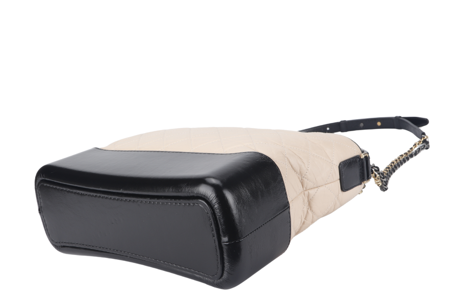 CHANEL GABRIELLE MEDIUM (254xxxx) BEIGE BLACK AGED CALFSKIN GOLD TONE/SILVER TONE & RUTHENIUM HARDWARE WITH DUST COVER