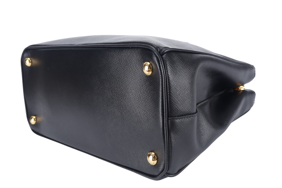 PRADA BN1801 DOUBLE ZIP SATCHEL BAG BLACK SAFFIANO LEATHER GOLD HARDWARE WITH STRAPS, CARD AND DUST COVER