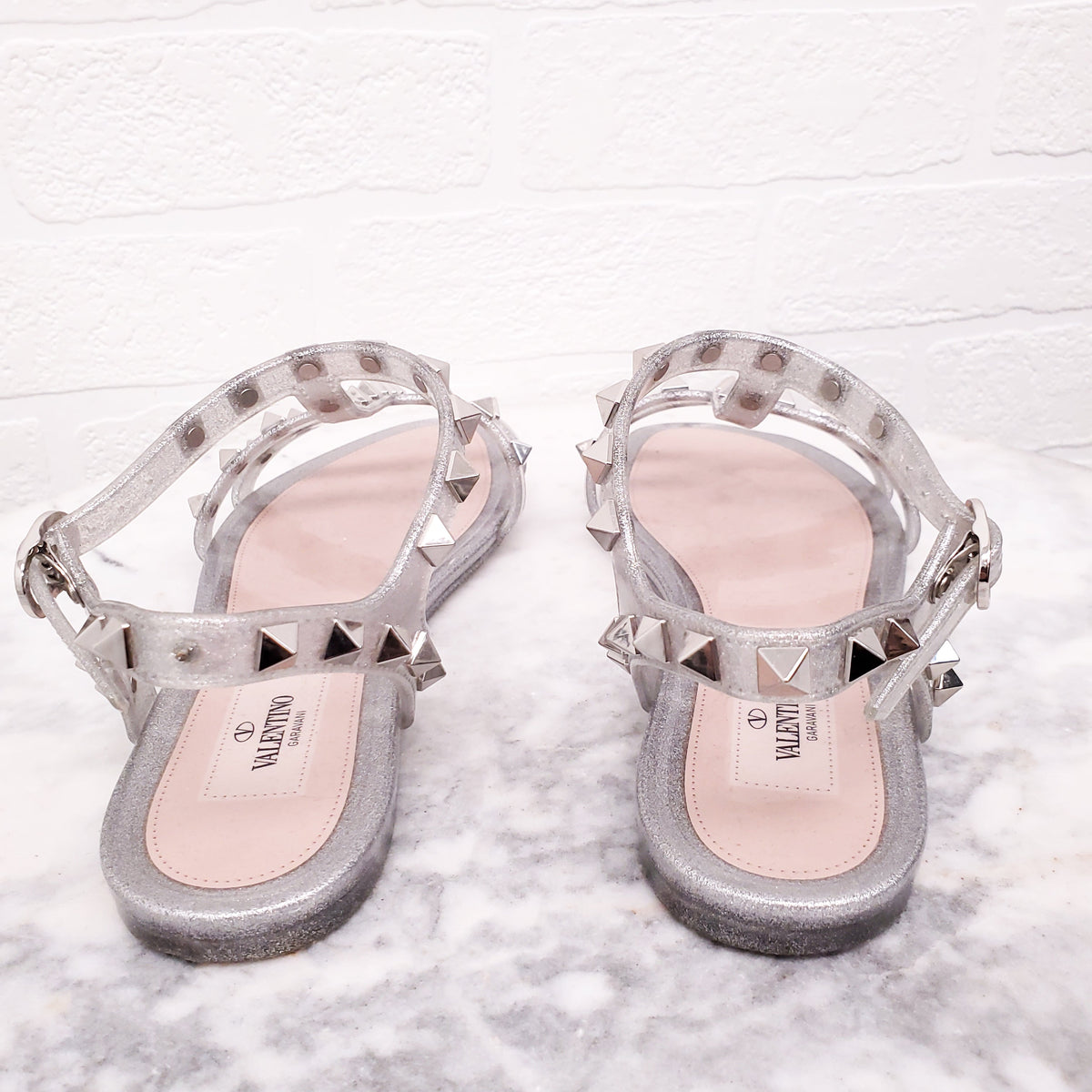 VALENTINO SILVER SPARKLE ROCKSTUD JELLY SANDALS - SIZE 36