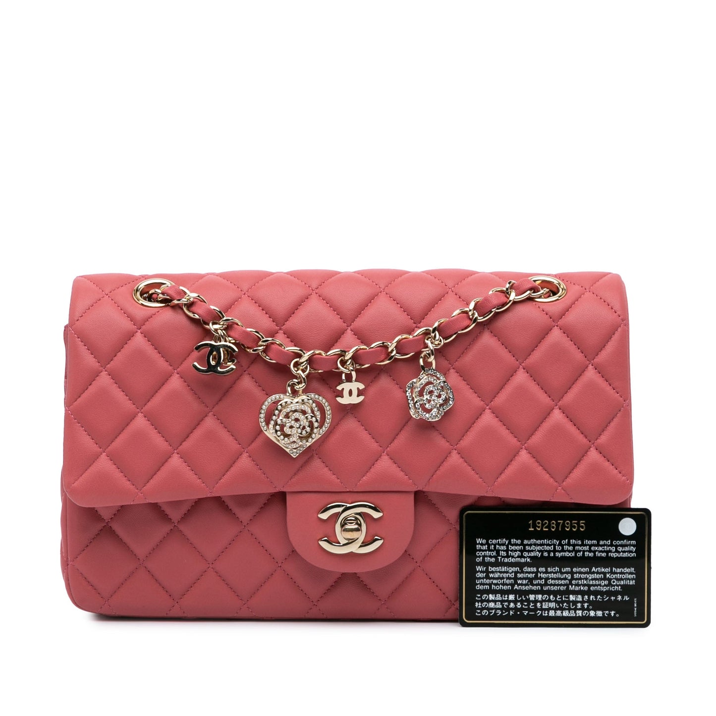 Pink Chanel Medium Lambskin Valentine Heart Charms Single Flap Shoulder Bag