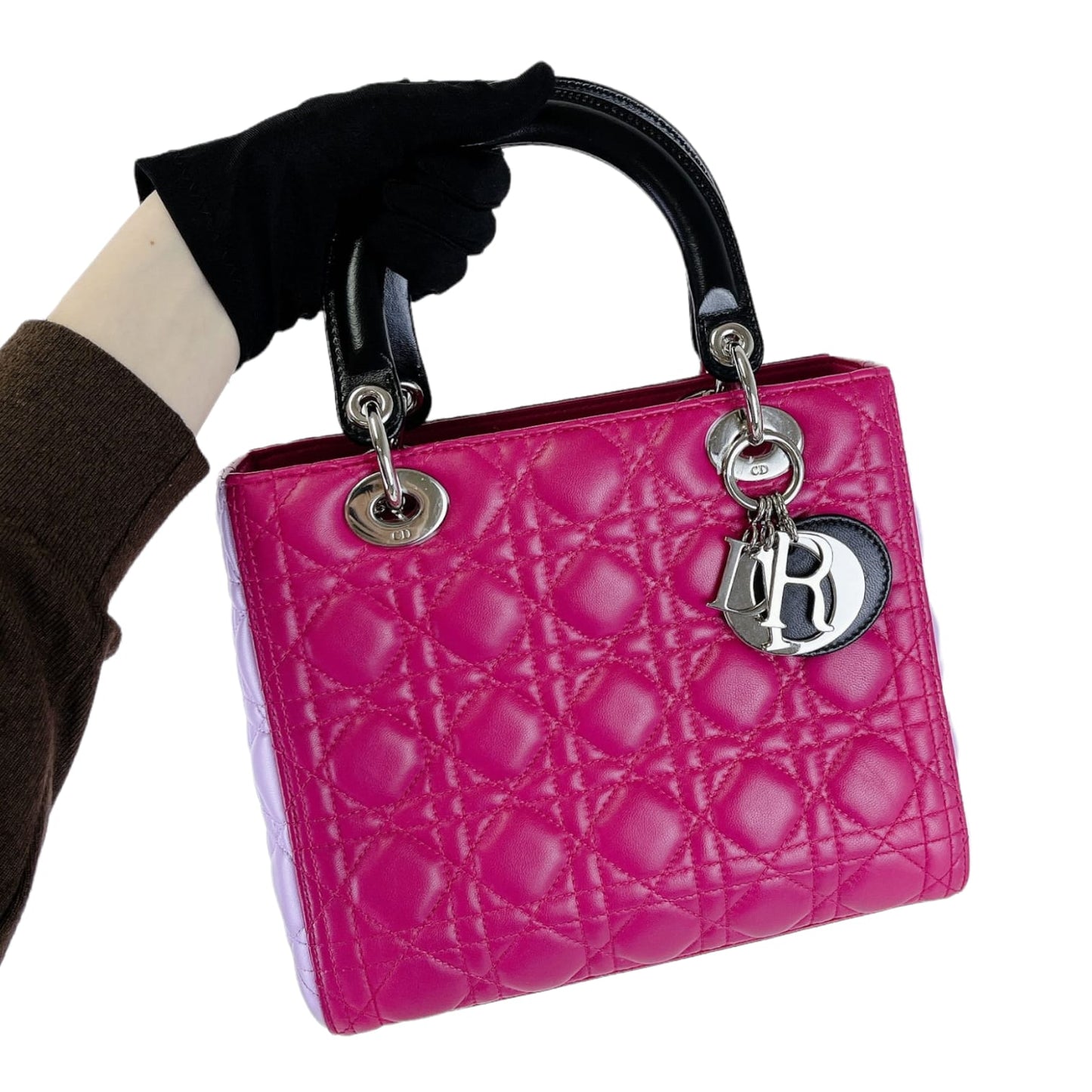 Medium Tri-Color Lady Dior Lambskin Black Dark and Light Pink SHW