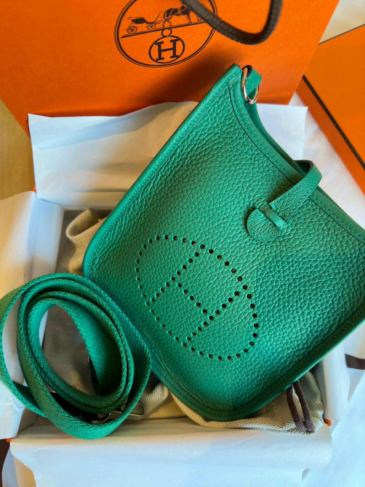 Hermes Mini Evelyne TPM in Green Clemence leather SHW