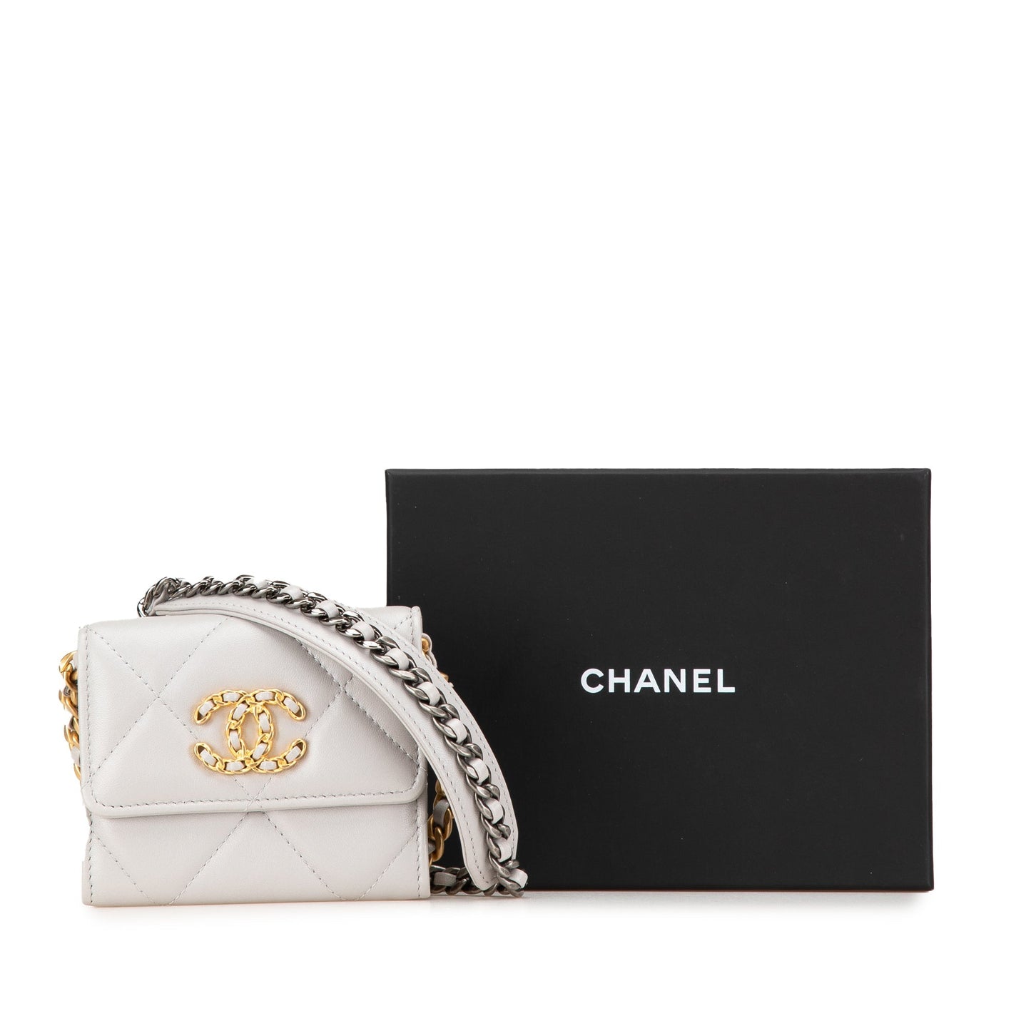 White Chanel Lambskin 19 Flap Coin Purse With Chain Crossbody Bag