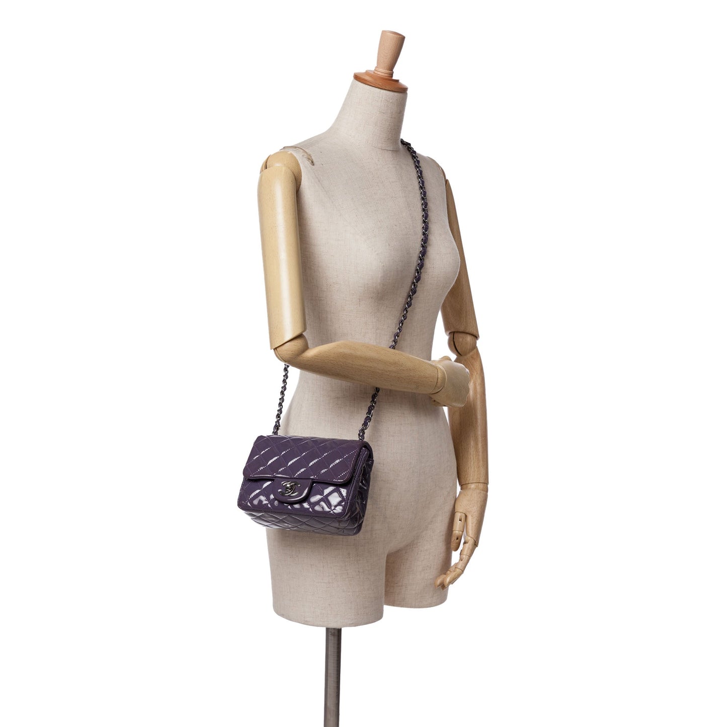 Purple Chanel Mini Square Classic Patent Single Flap Crossbody Bag