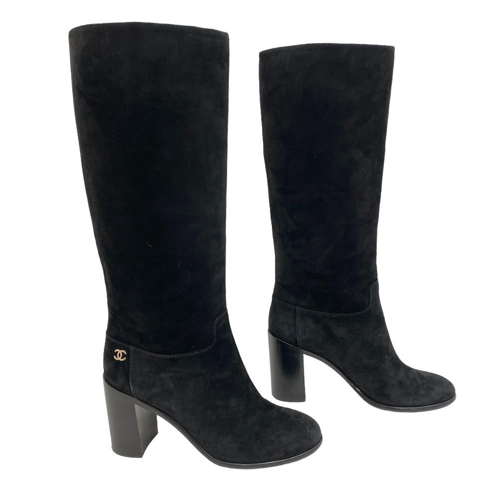 CHANEL boots suede black Knee-high boots COCO Mark Women 37 1/2 Used