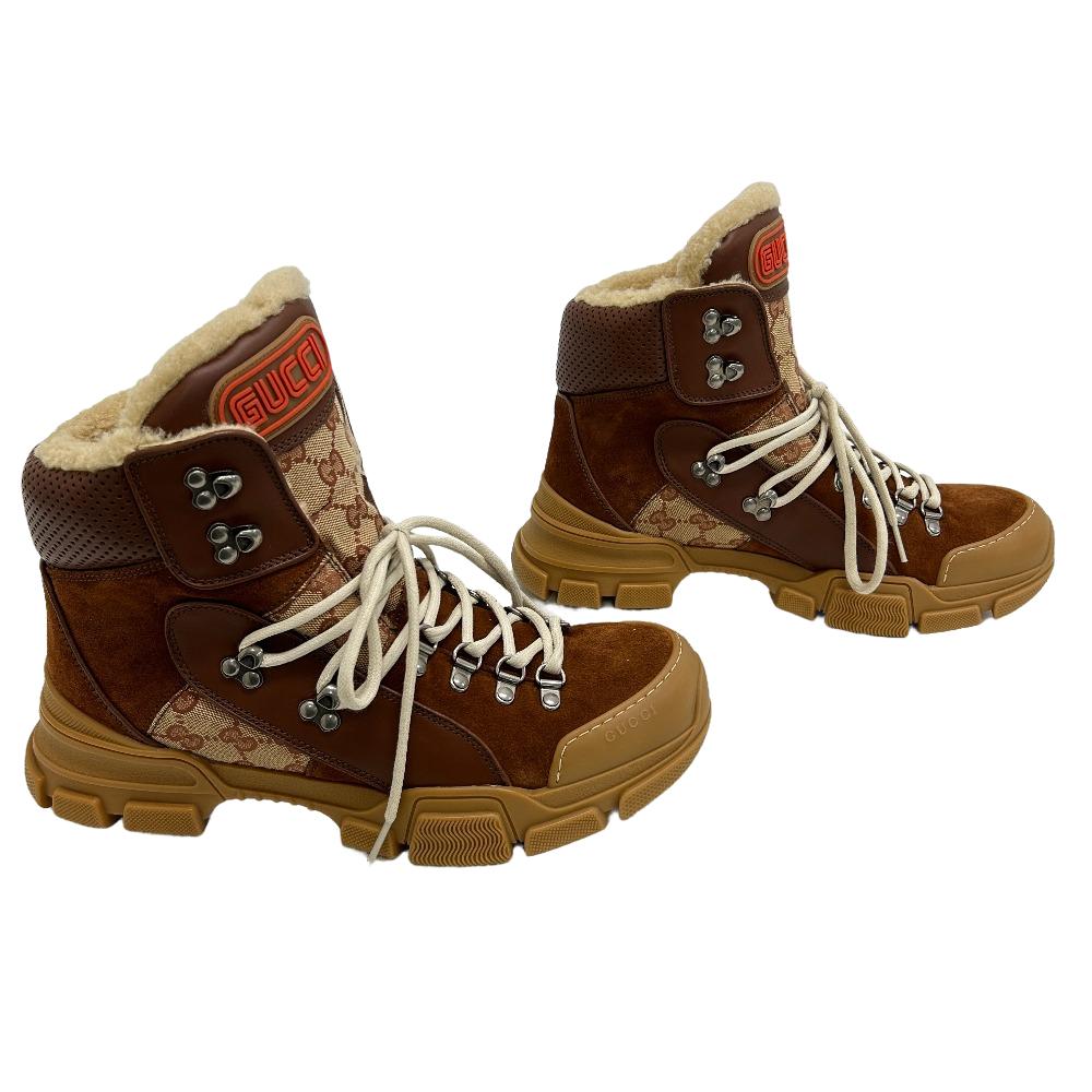 GUCCI sneakers 521679 suede Brown lace up high tops GG canvas Flash trek mens Used