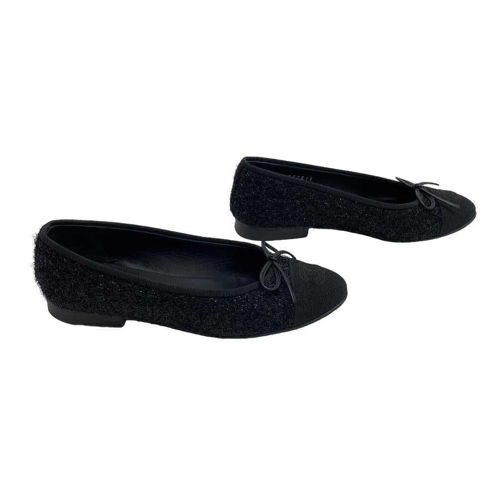 CHANEL Ballet shoes G02819 Leather, Fabric black COCO Mark Lame 34 1/2C