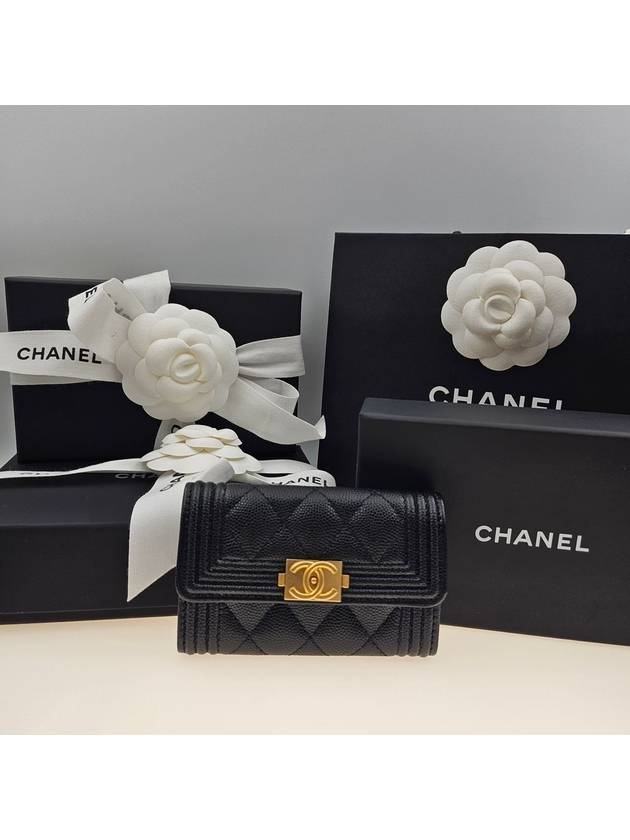 Boy Flap Card Holder Grained Calfskin Gold Black Chanel