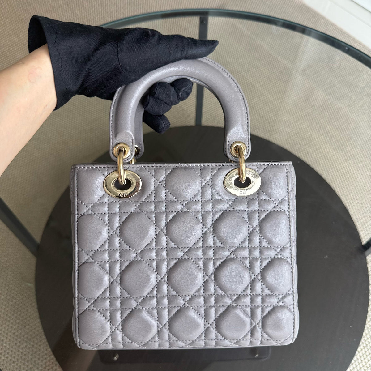 Dior Lady Small - Cannage Lambskin Grey Gray Gold Hardware