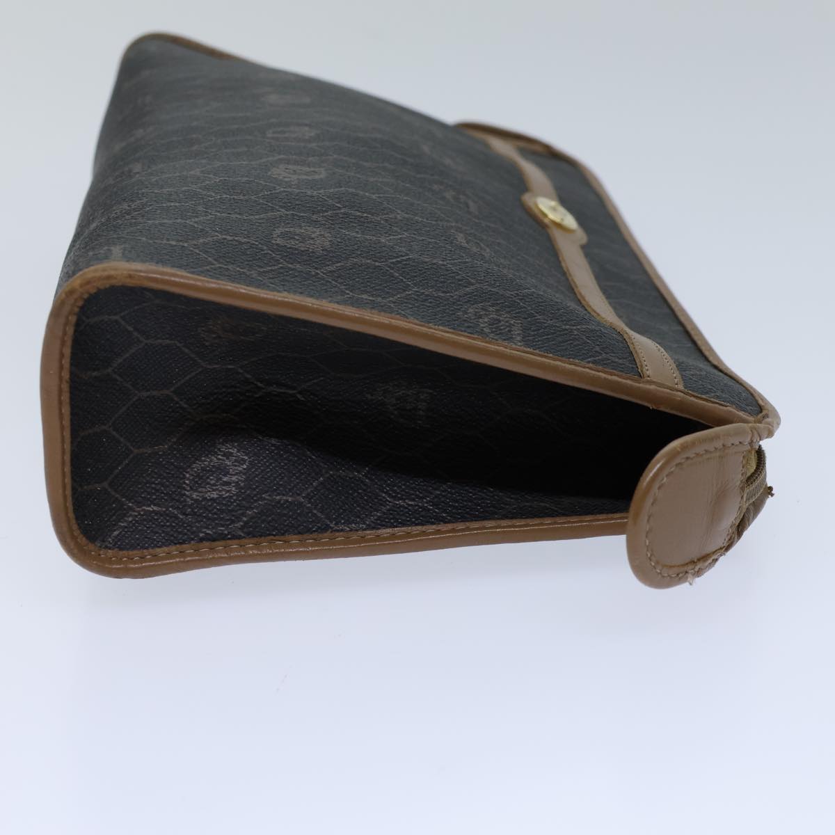 CHRISTIAN DIOR Honeycomb Canvas Clutch Bag PVC Leather Black Auth ac2956