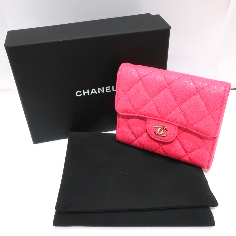 Chanel Wallet Matrasse Caviar S Three Fold Pink Leather Gold Small Boxes