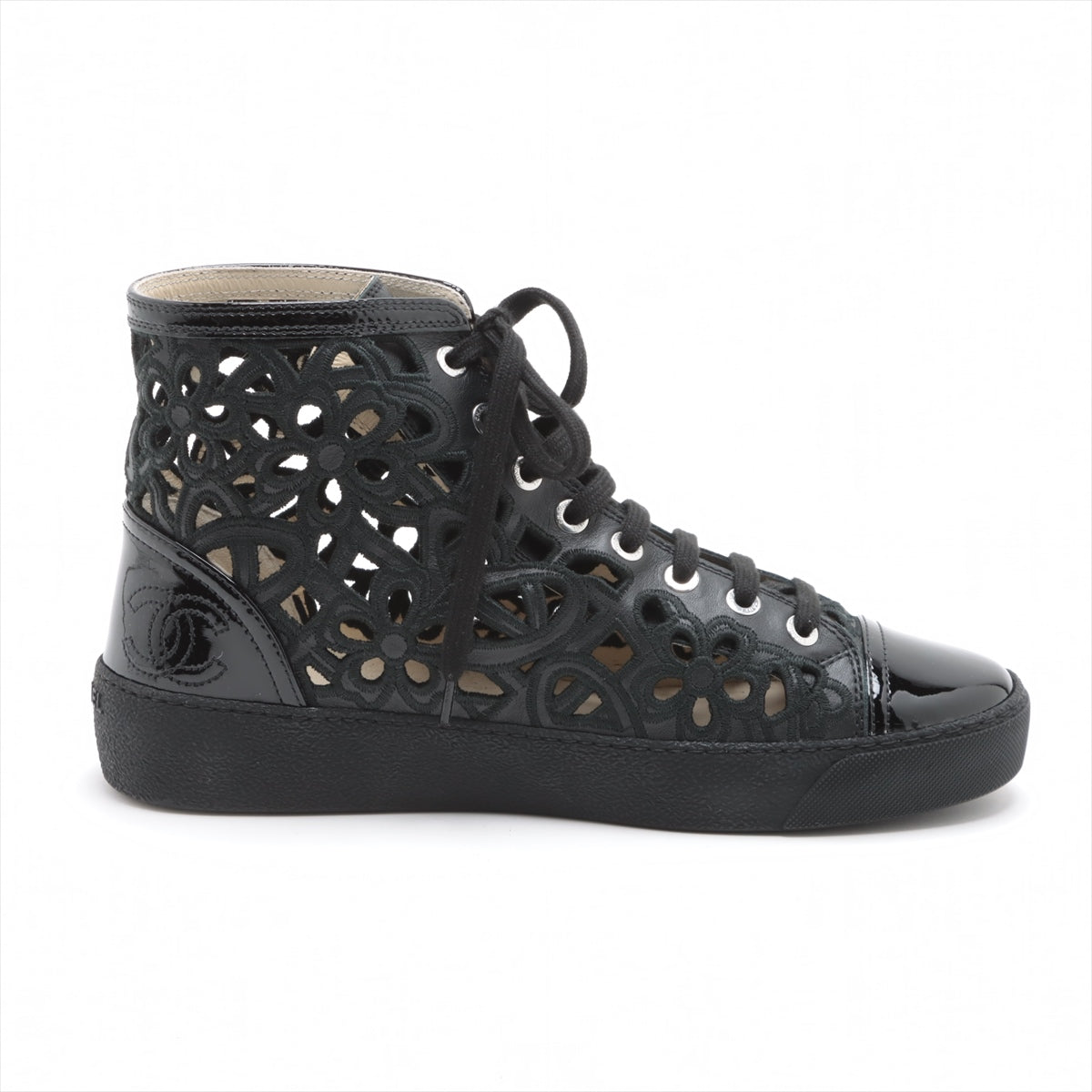 Chanel Coco Leather X Fabric High-Cut Trainers 38 Black Flower Race