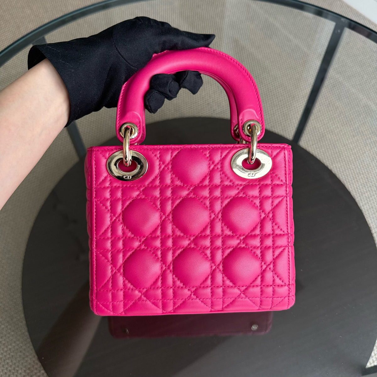 Dior Lady Mini - Cannage Lambskin Hot Pink Gold Hardware