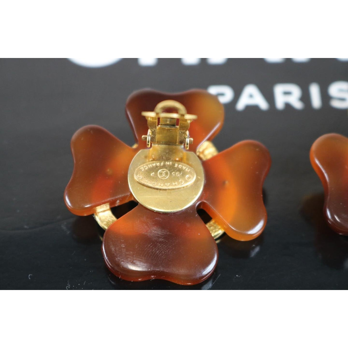 Rank A | CHANEL Clover Cocomark Heart Earrings Tortoise Brown Gold 95P Vintage |122106