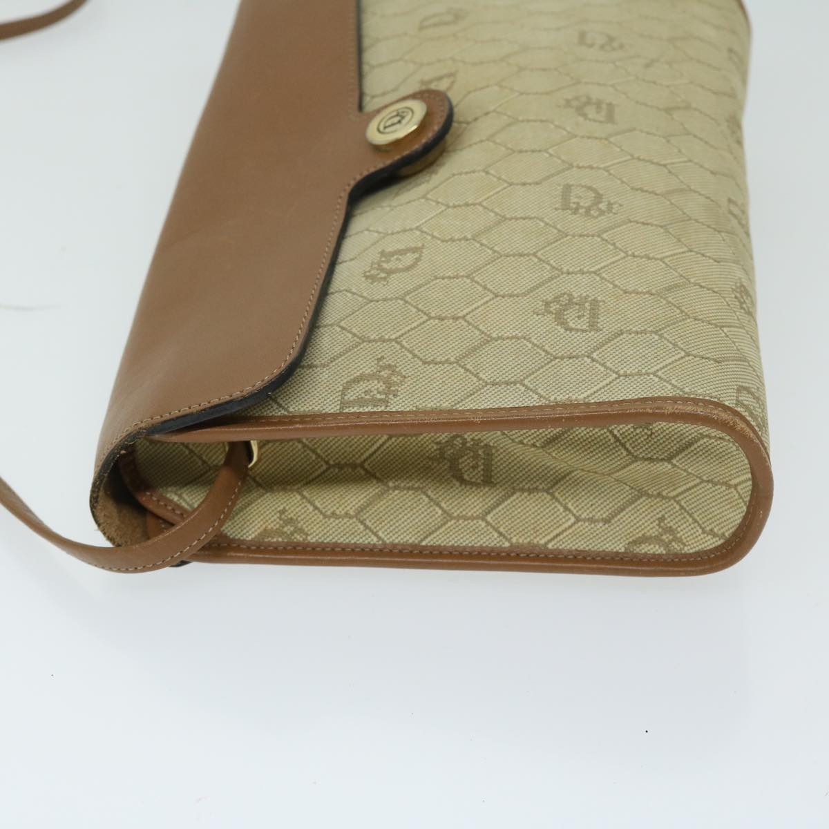 CHRISTIAN DIOR Honeycomb Canvas Shoulder Bag PVC Leather Beige Auth bs12456