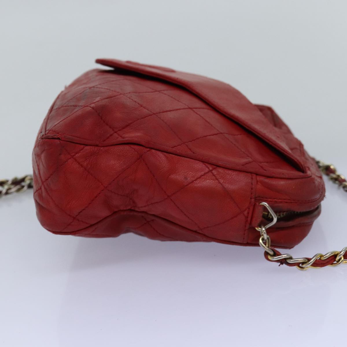CHANEL Matelasse Chain Shoulder Bag Lamb Skin Red CC Auth bs14220