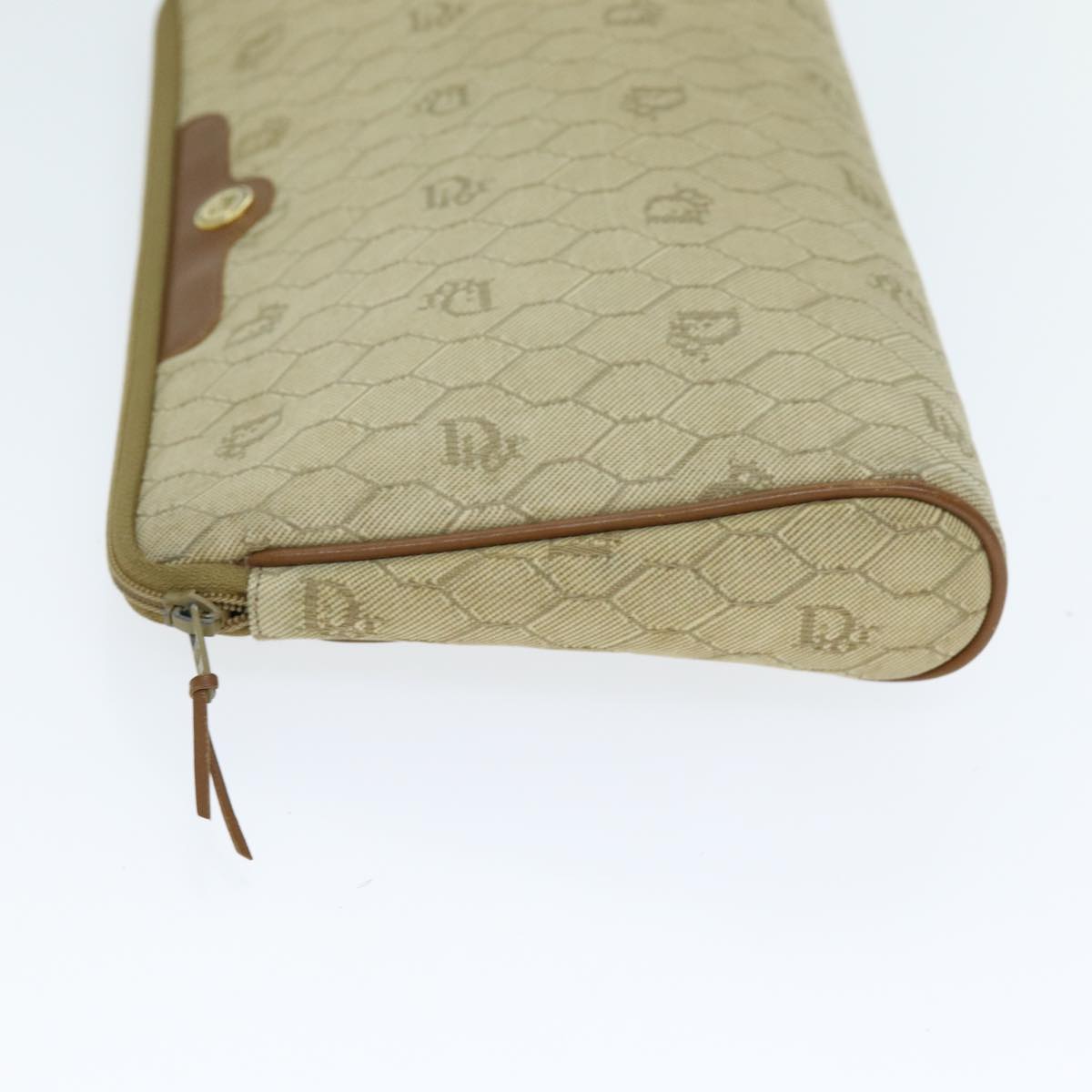 CHRISTIAN DIOR Honeycomb Canvas Clutch Bag PVC Leather Beige Auth bs14451