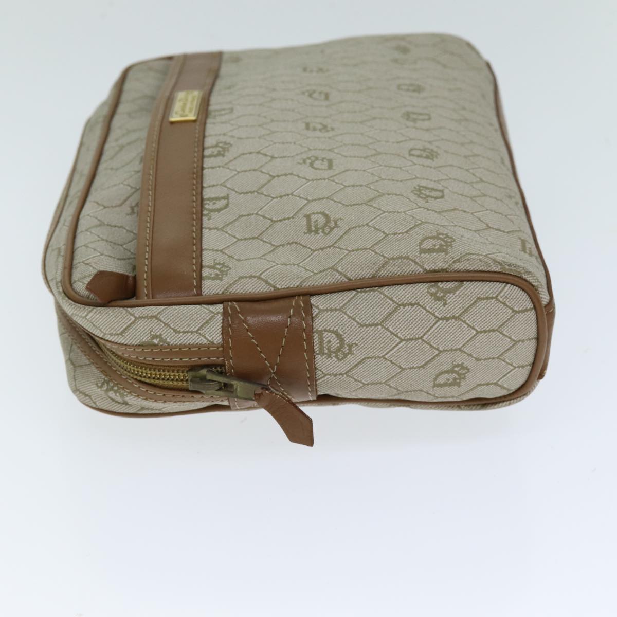 CHRISTIAN DIOR Honeycomb Canvas Clutch Bag PVC Leather Beige Auth bs14478