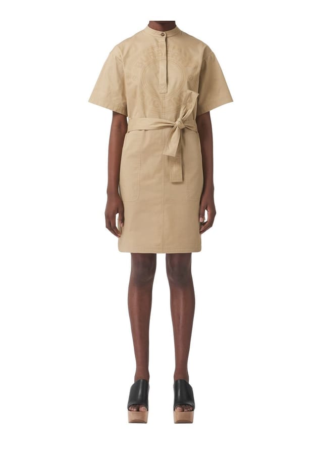 BURBERRY ABBIE SMOKE STITCH COTTON TWILL DRESS WITH GRAPHIC LOGO