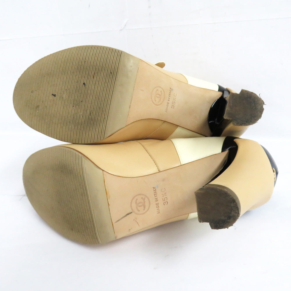 CHANEL Chanel Short Boots G29128 Anchor Strap Pumps Coco Roundto Size 35.5 35ha 22.5cm equivalent Beige x Black x White Heavy Leather Shoes Dry Quality Woodwear