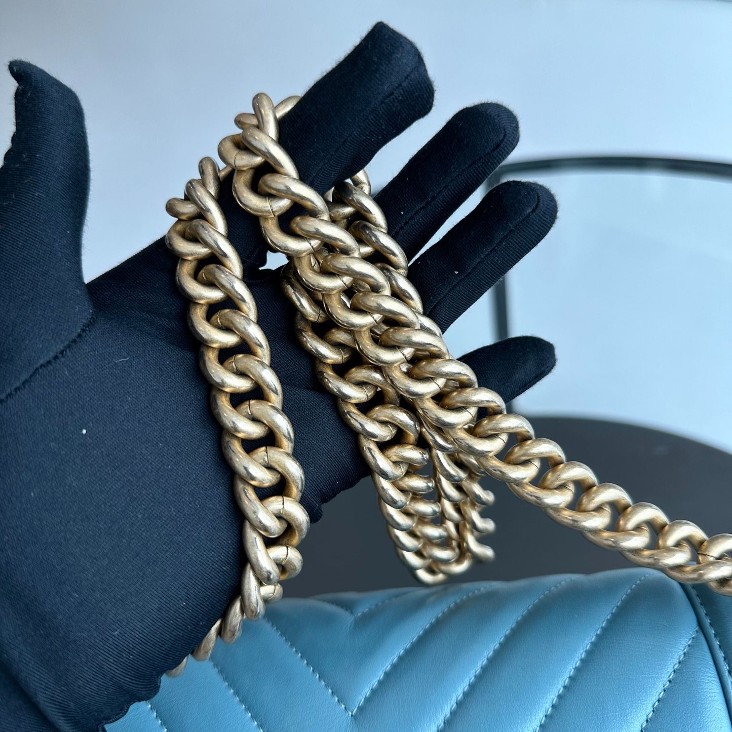 *Calfskin* Boy Old Medium 25CM Calfskin Chevron Leboy Baby Blue GHW No 25