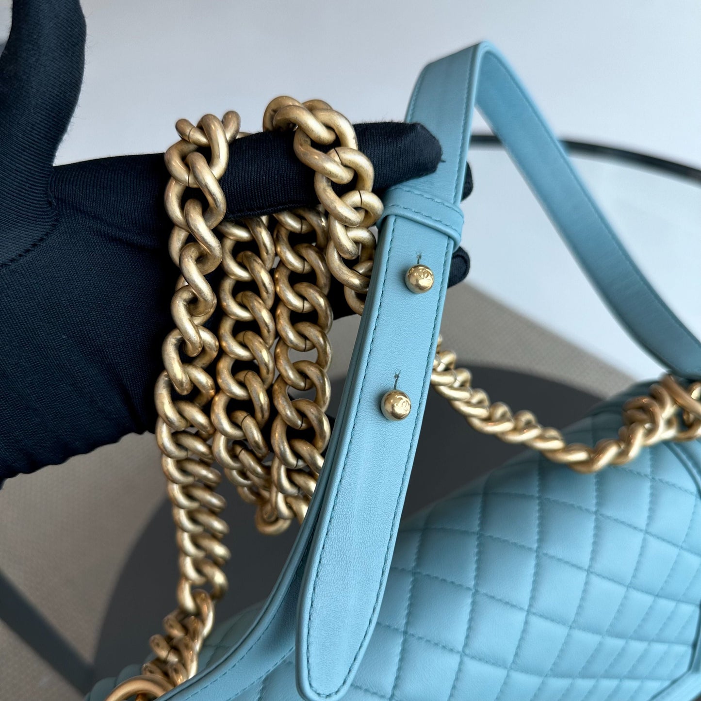 *Calfskin* Boy Old Medium 25CM Quilted Calfskin Leboy Light Blue GHW No 25