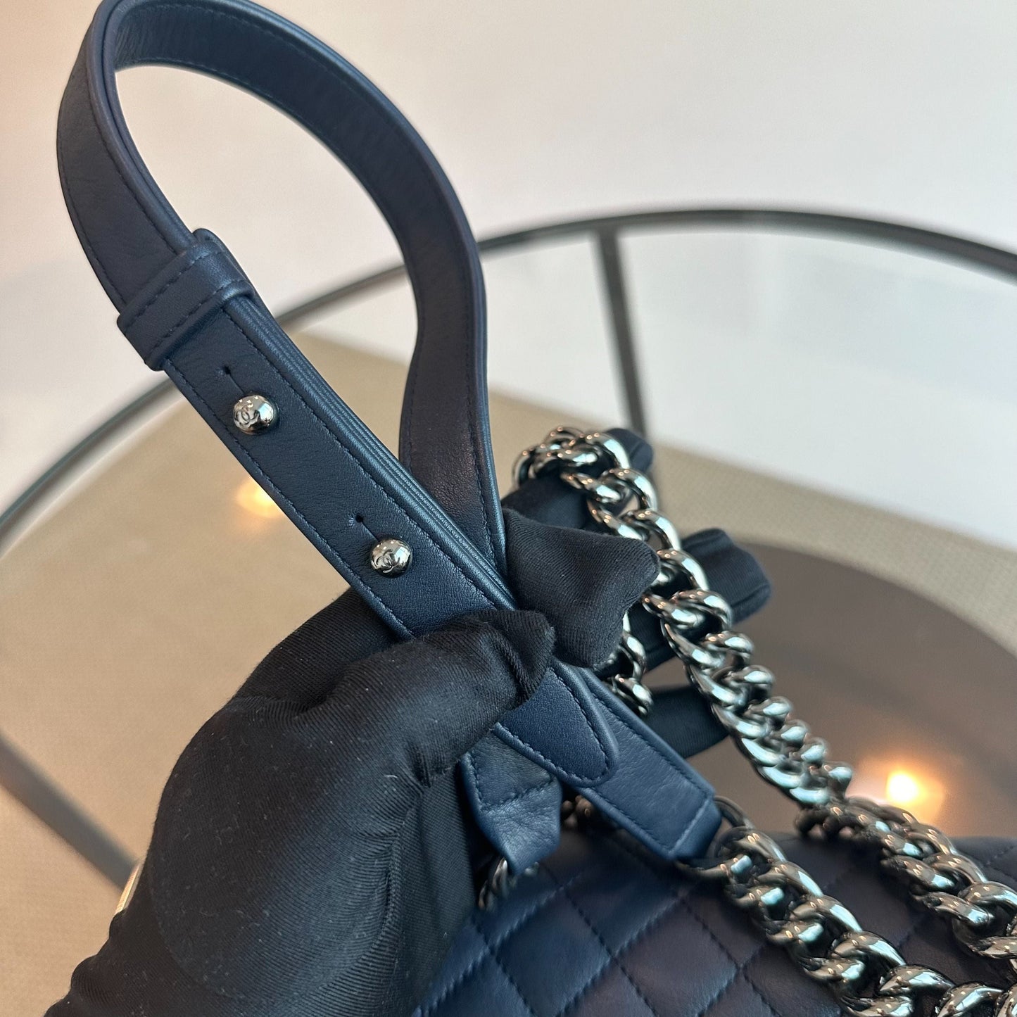 *Calfskin* Boy Old Medium 25CM Quilted Smooth Calfskin Leboy Dark Blue SHW No 20