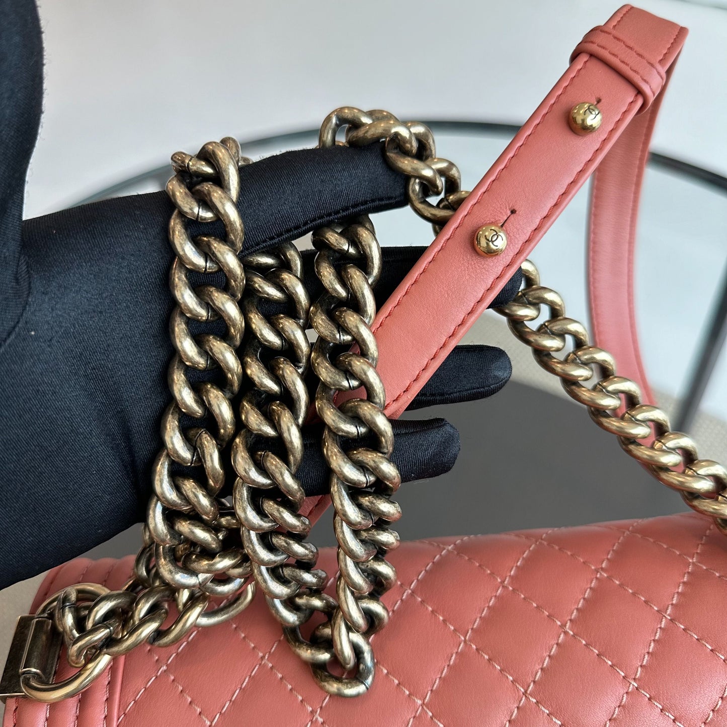 *Calfskin* Boy Old Medium Quilted Smooth Calfskin Leboy Blush AGHW No 20