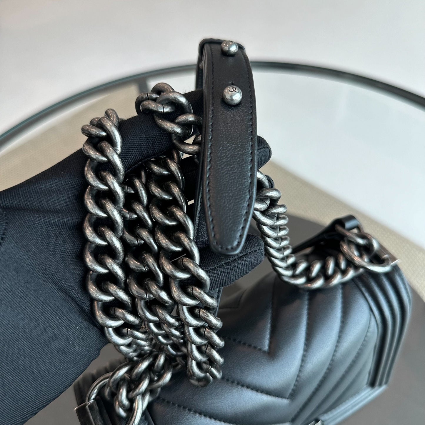 *Calfskin, Like New* Boy Small Chevron Calfskin Leboy Black RSHW No 22