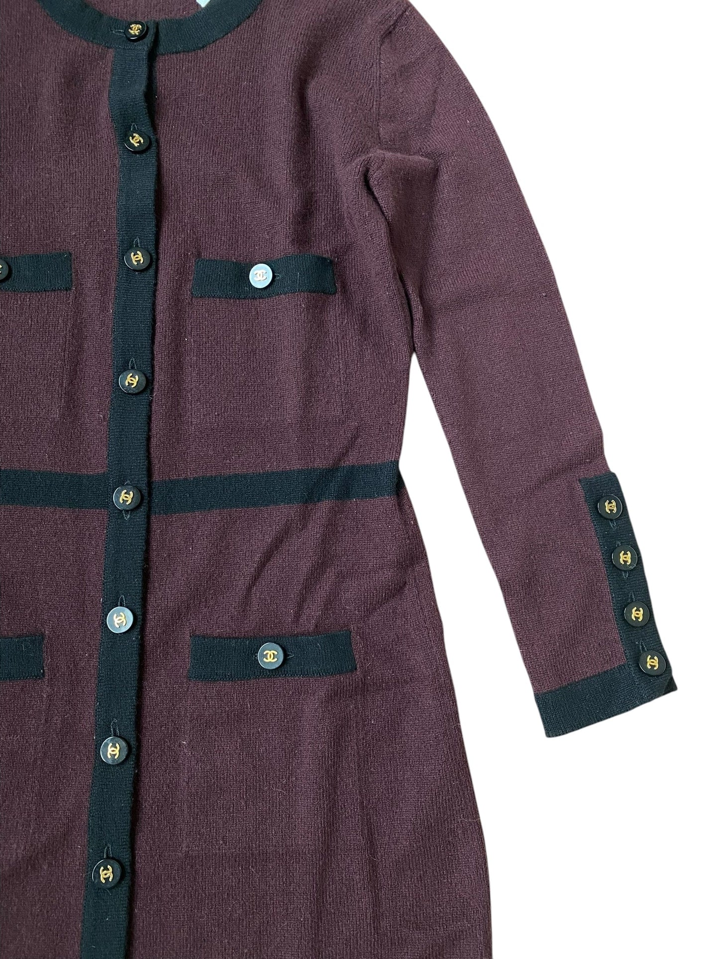 Chanel 95A Cashmere Logo Button Long Cardigan Burgundy/ Black DXBK0269