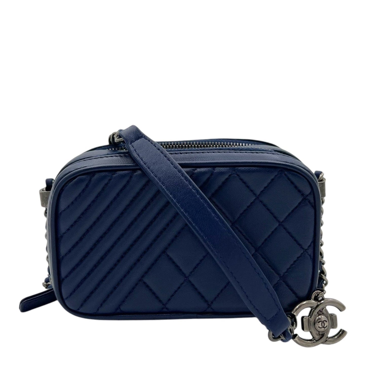 Chanel Coco Boy Camera Shoulder Bag Blue in Calfskin, Ruthenium hardware S2411-002660AN