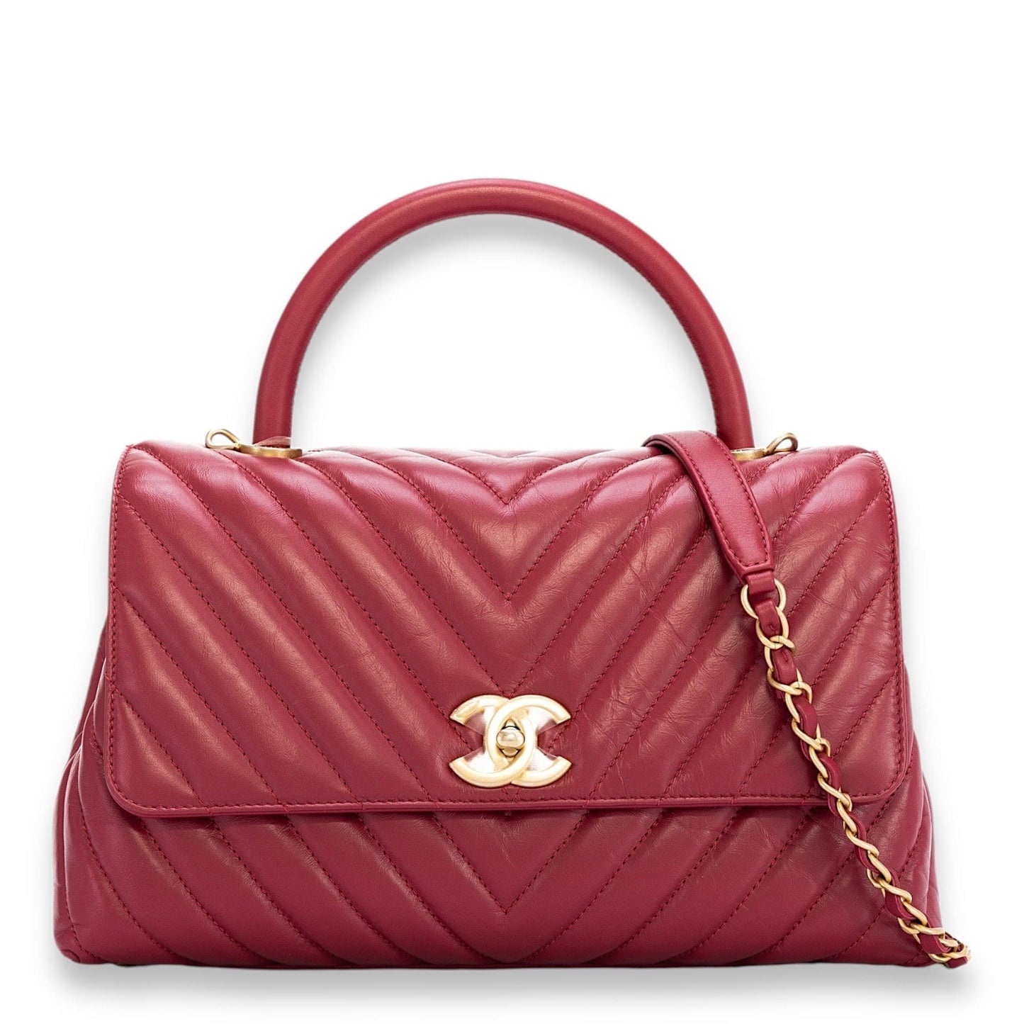 Chanel Coco Chevron Red Small Top handle bag in Calfskin, Gold Hardware S2204080ZL