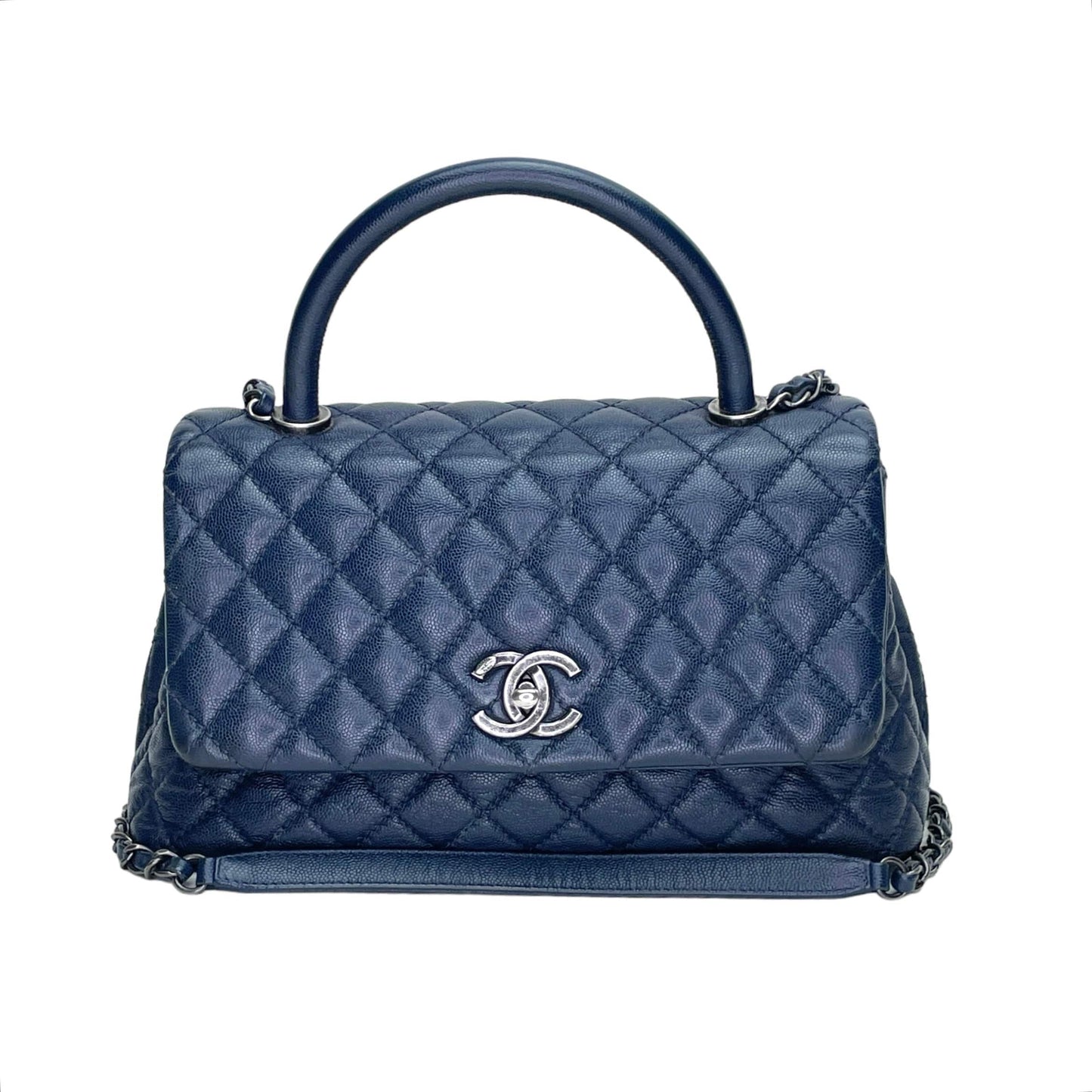 Chanel Coco Top handle bag Blue in Caviar leather, Ruthenium Hardware C2406457AN