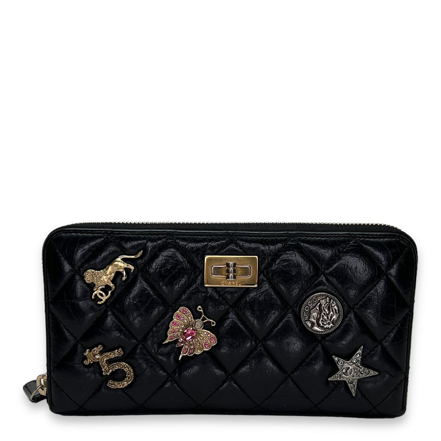 Chanel Embellished Wallet Long Black in Distressed Leather , Gold Hardware C2408-000393DT