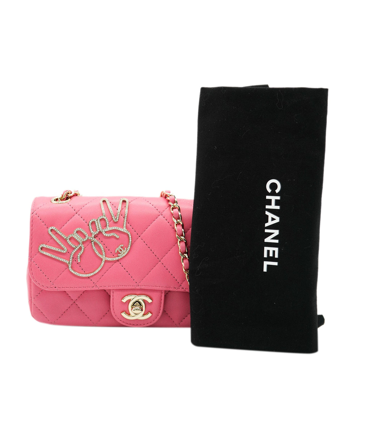 Chanel Pink Lambskin "V for Victory" Crystal Embellished Extra Mini Rectangle Flap ALC2052