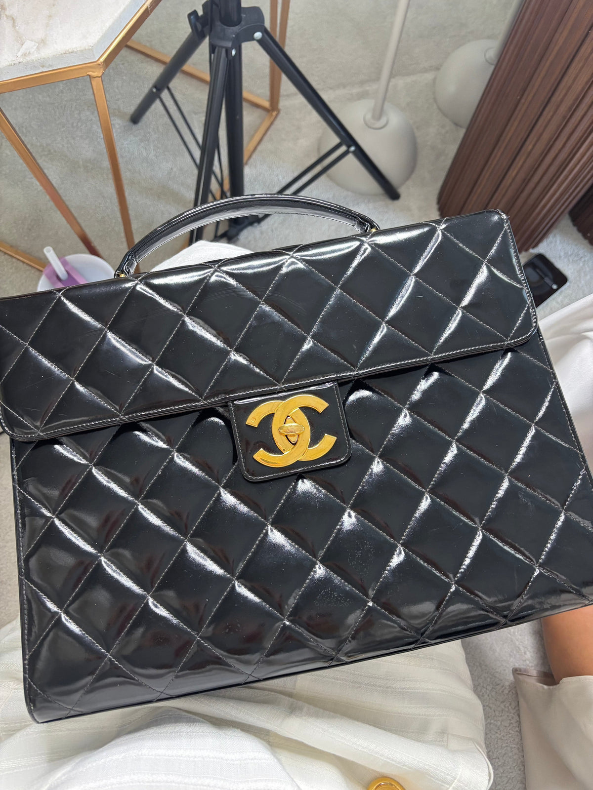 Chanel Vintage Black Patent Leather CC Turnlock Briefcase ALL0929