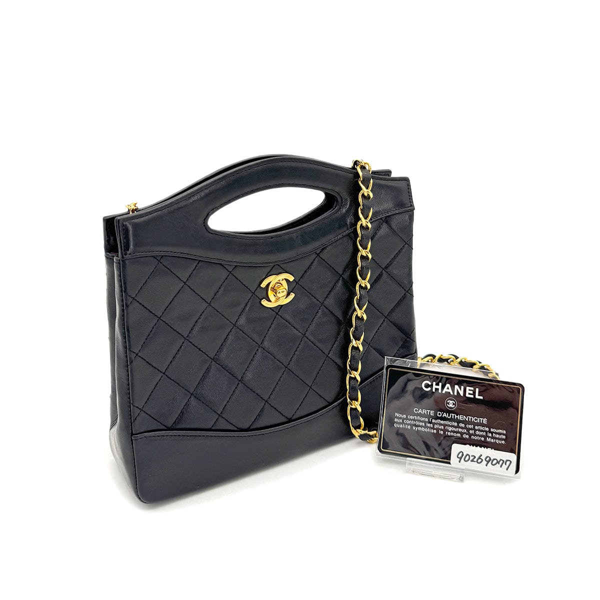 CHANEL VINTAGE 2WAY HAND CHAIN SHOULDER BAG BLACK LAMB SKIN 90269077