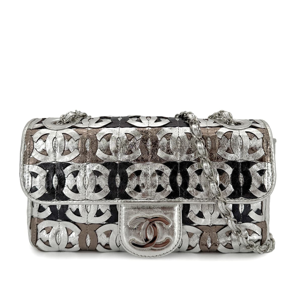 CHANEL VINTAGE CC PATCHWORK CHAIN SHOULDER BAG SILVER LEATHER 90269625