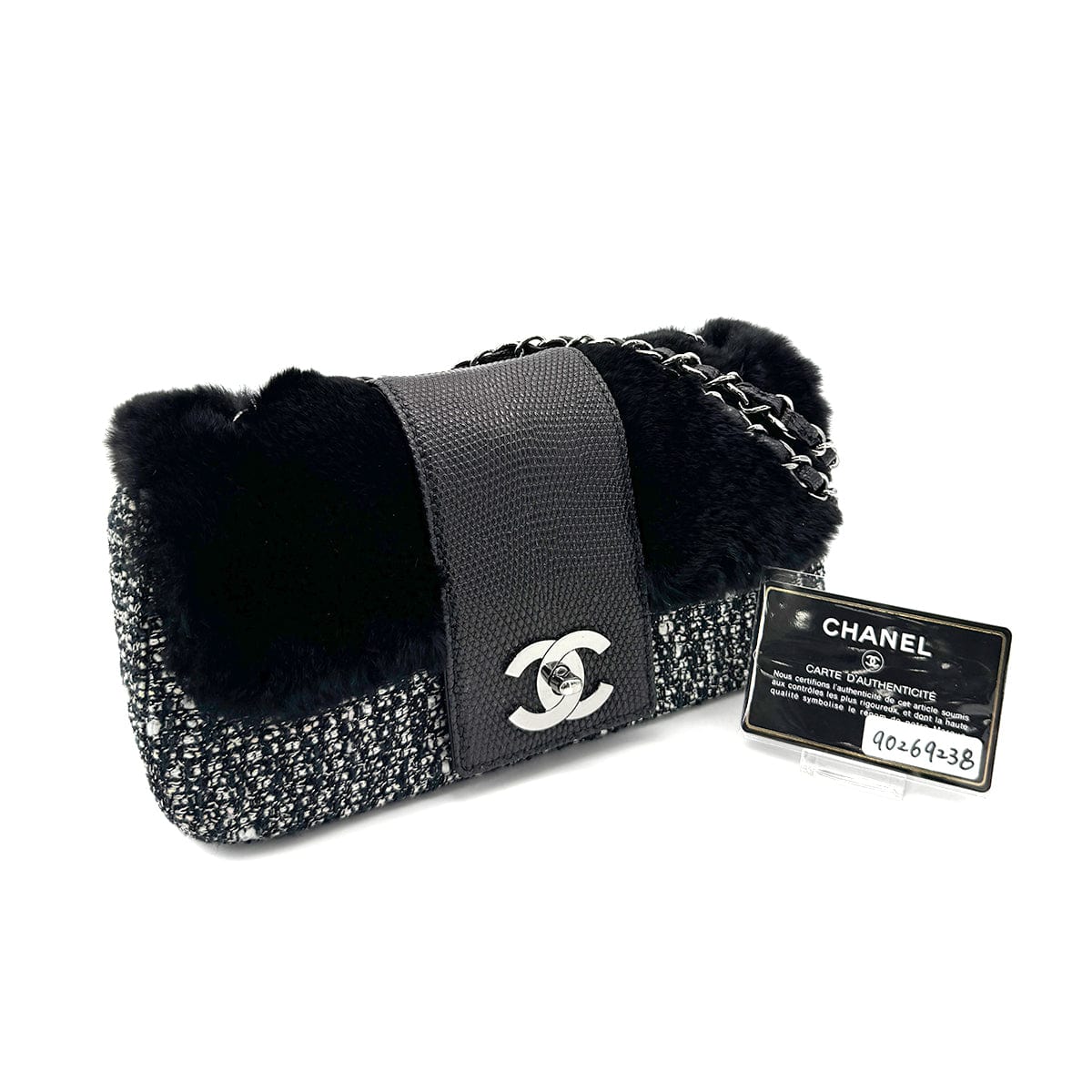 CHANEL VINTAGE CHAIN SHOULDER BAG BLACK TWEED FUR 90269238