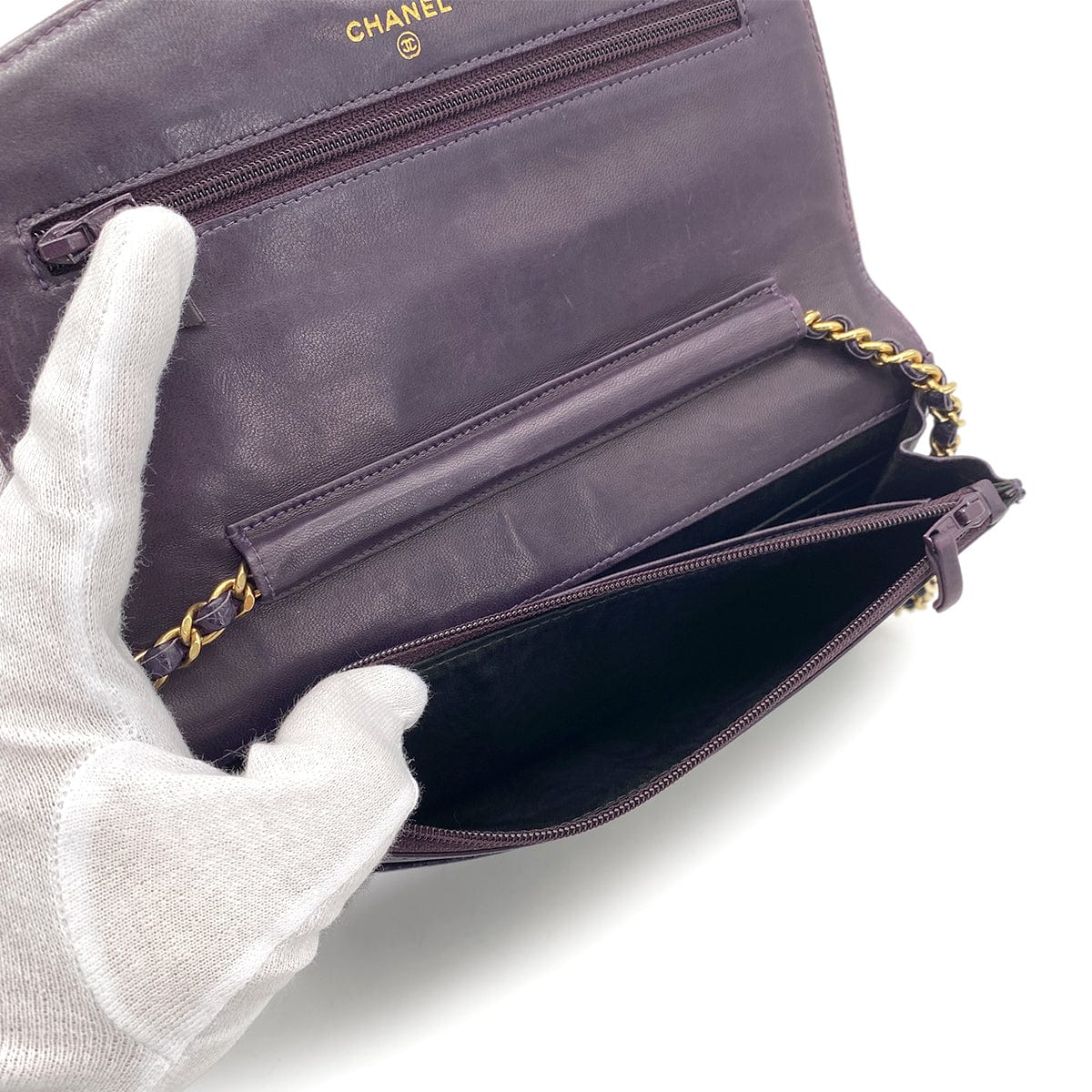 CHANEL VINTAGE CHAIN SHOULDER WALLET PURPLE CAVIAR SKIN 90262373