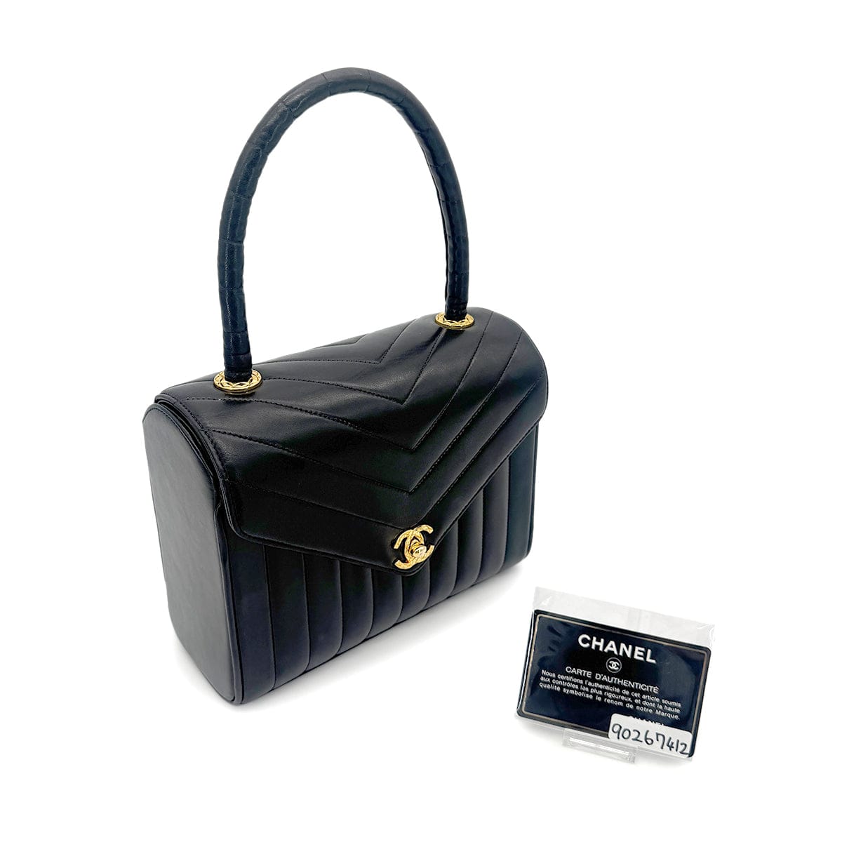 CHANEL VINTAGE CHEVRON V STITCH HAND BAG BLACK LAMB SKIN 90267412
