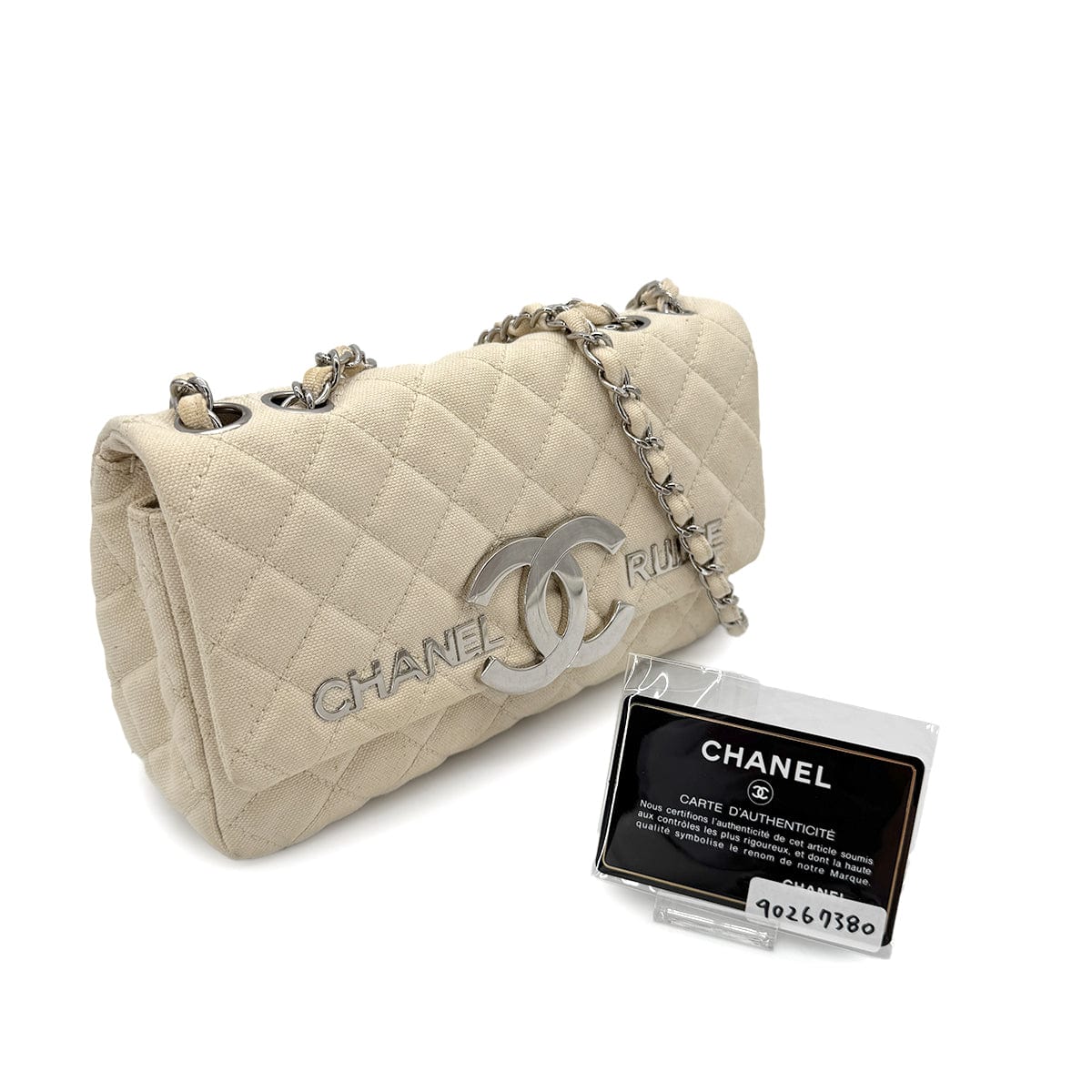 CHANEL VINTAGE CRUISELINE CHAIN SHOULDER BAG BEIGE CANVAS 90267380