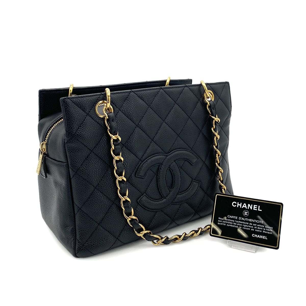 CHANEL VINTAGE PTT CHAIN TOTE BAG BLACK CAVIAR SKIN 90258916