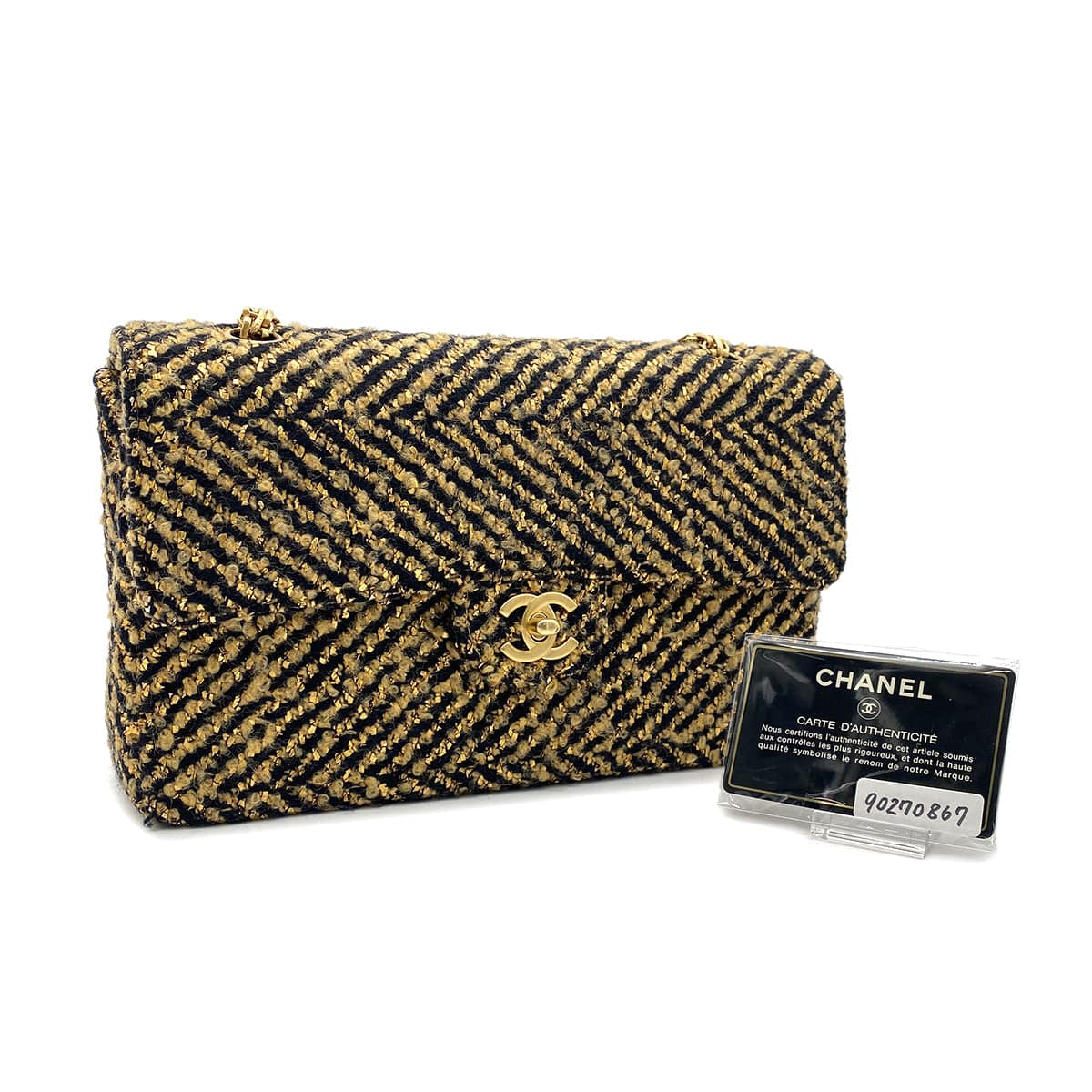 CHANEL VINTAGE SINGLE FLAP CHAIN SHOULDER BAG GOLD BLACK TWEED 90270867